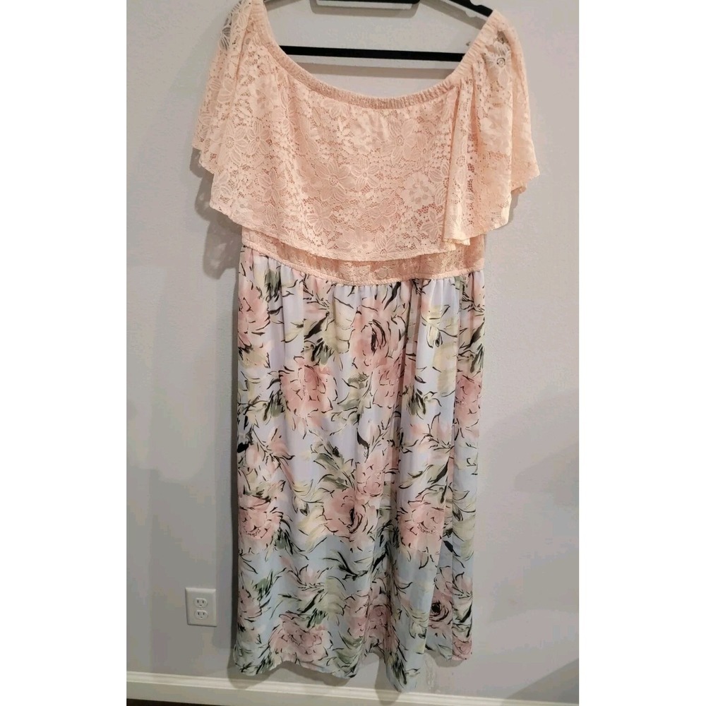 Chelsea Taylor Women's Plus 3X‎ Floral Print Empire Waist Dress, Lace Top